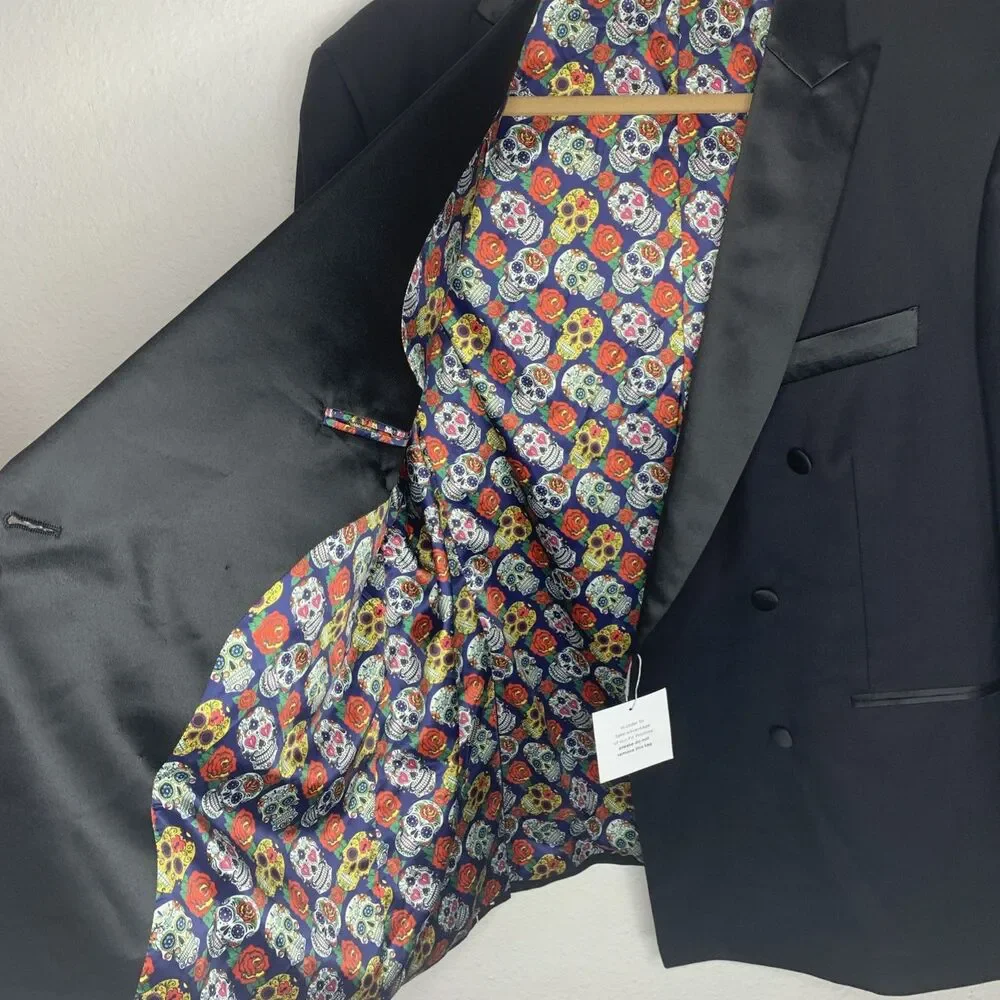 Indochino Black Wool Cashmere Tuxedo Blazer Skull Lined Goth 44R Custom Fit NWT